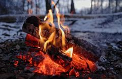 Holzscheite liegen auf einem Lagerfeuer